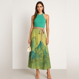 Landscape Print Wrap maxi  Skirt – Size M Green